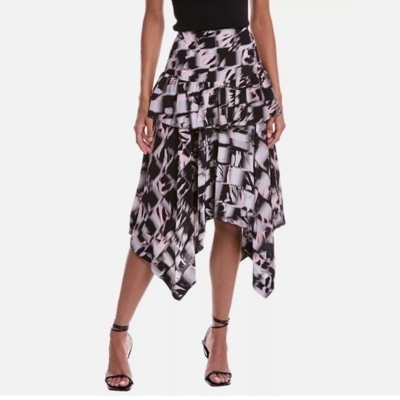 Jason Wu Abstract Print White Pink Black Silk Handkerchief Hem Skirt 0